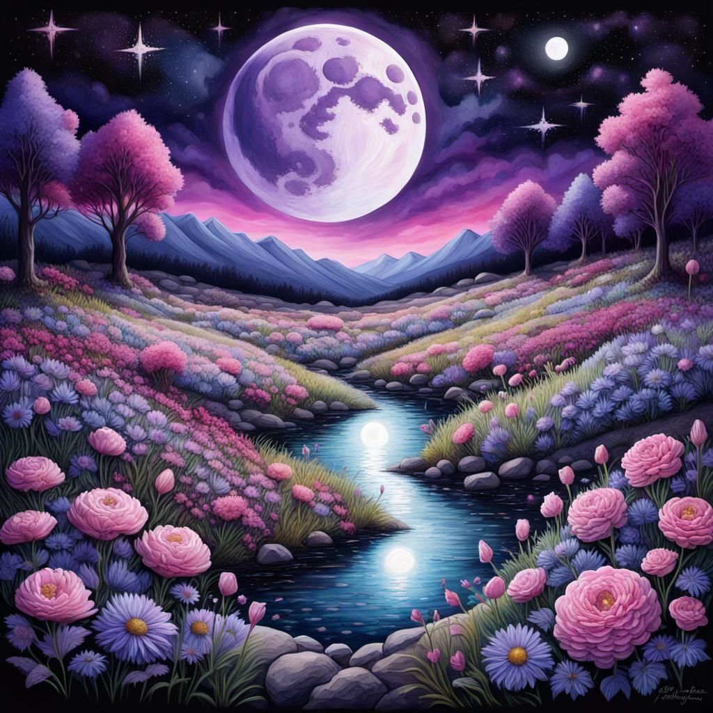 Ethereal Watercolor: Field of Flowers Under Purple Moon