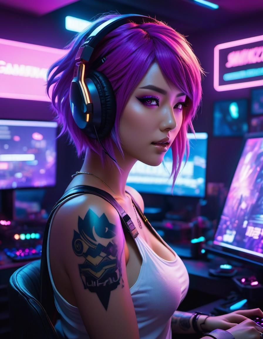 Cyberpunk Gamer Girl in Neon Gaming Room