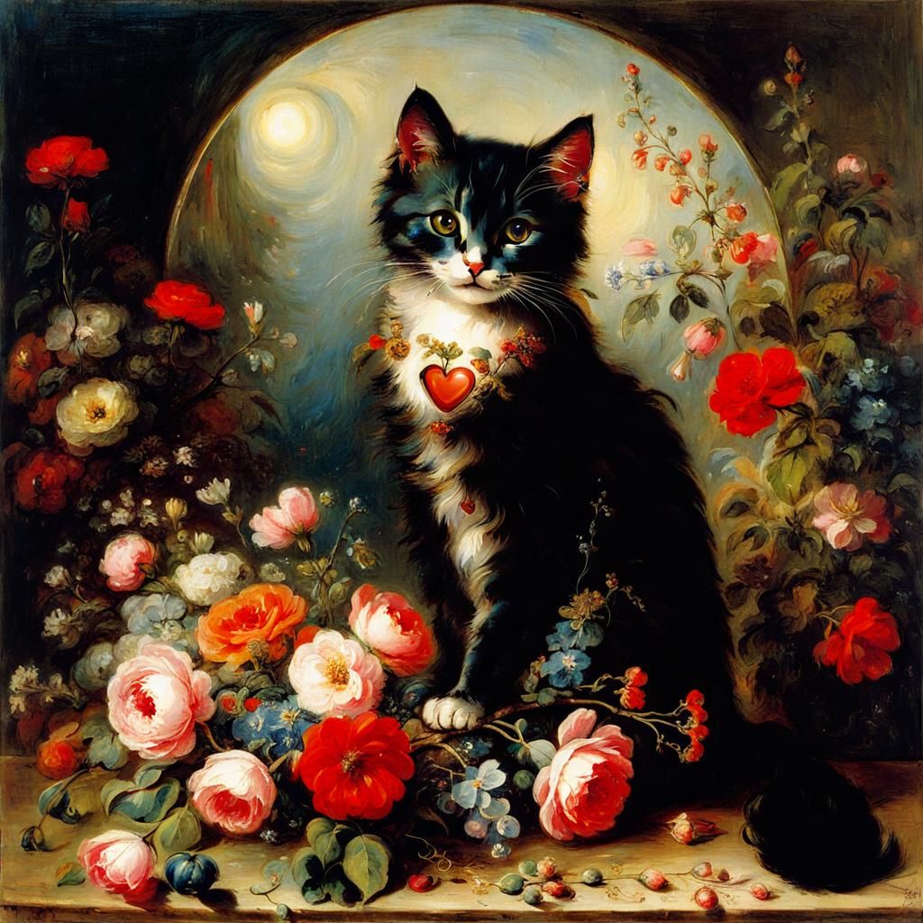 Cute Cat Surrounded by Flowers in Symbolism Style