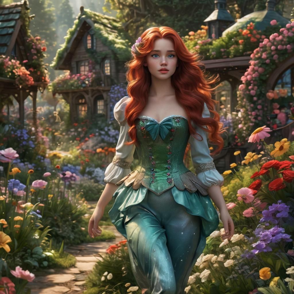 Ariel in Cottagecore Style Walking Through Flower Garden