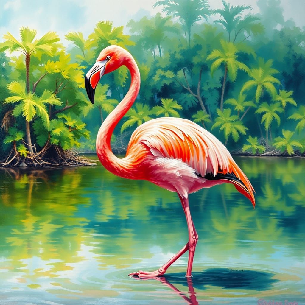Vibrant Flamingo in Impressionist Oil Painting