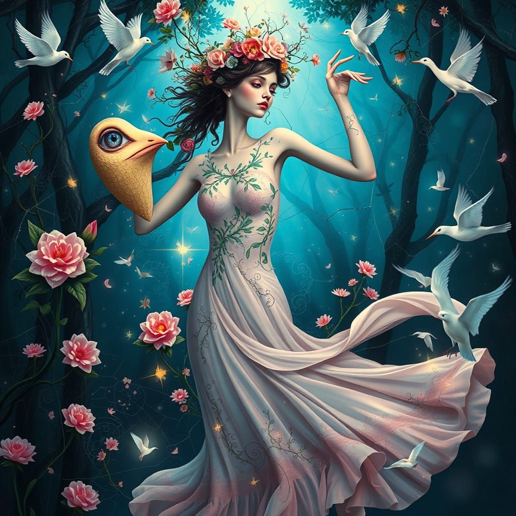 Porcelain Dancer in Surrealist Dreamscape, Magritte Style