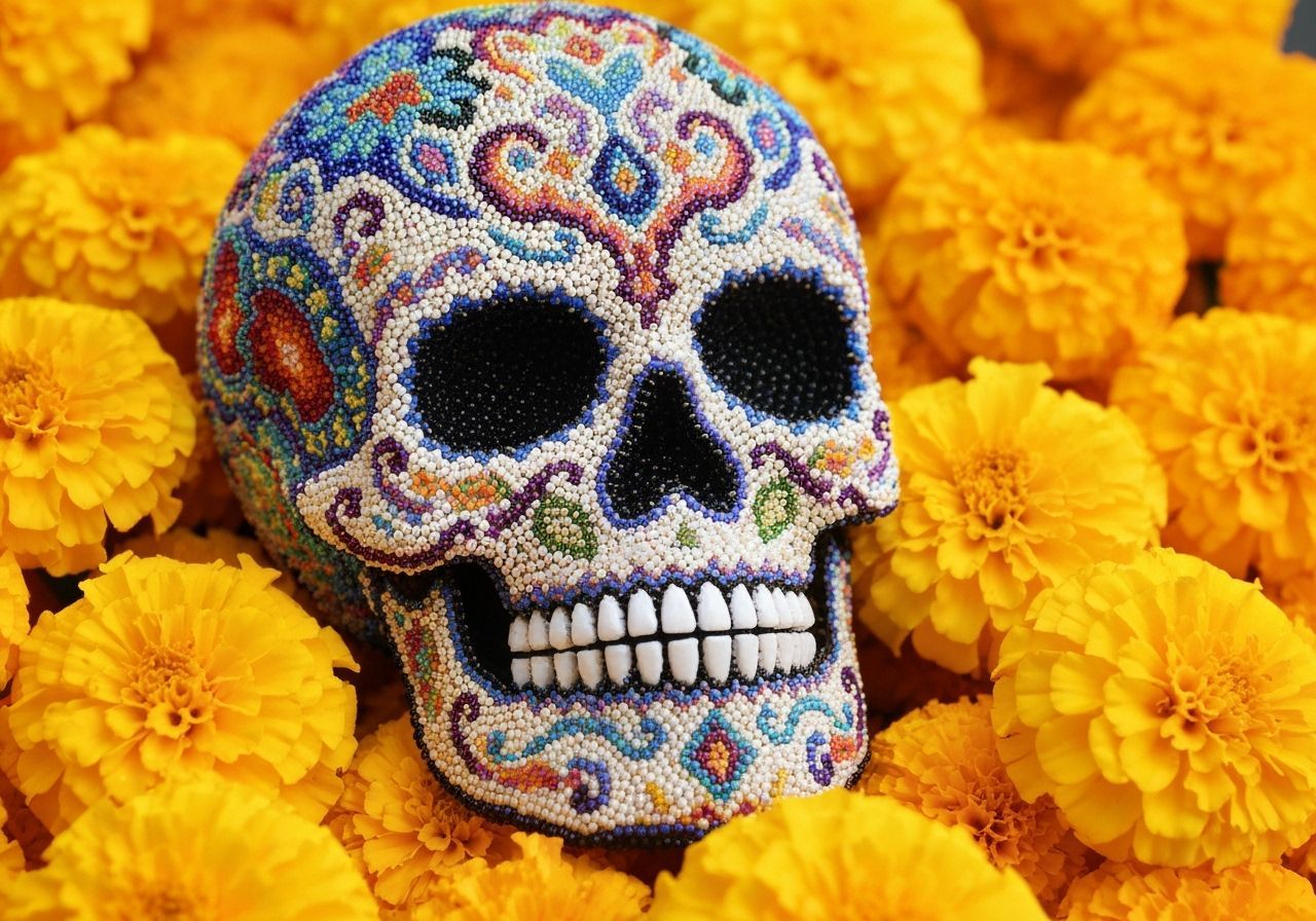 Intricate Beaded Sugar Skull on Marigolds