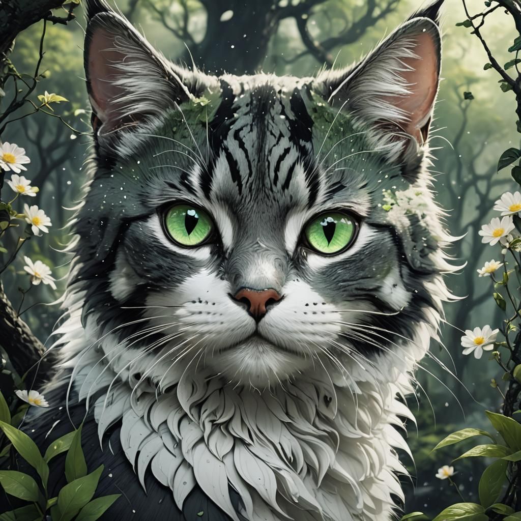 Charming Anime Cat with Green Eyes on Starry Background