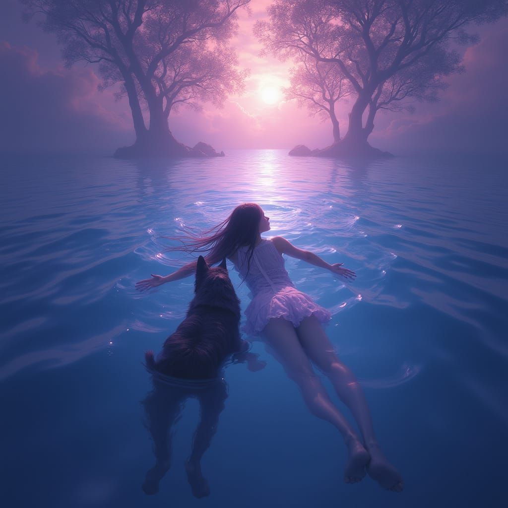 Woman and Dog on Mystical Ocean Under Twilight Sky