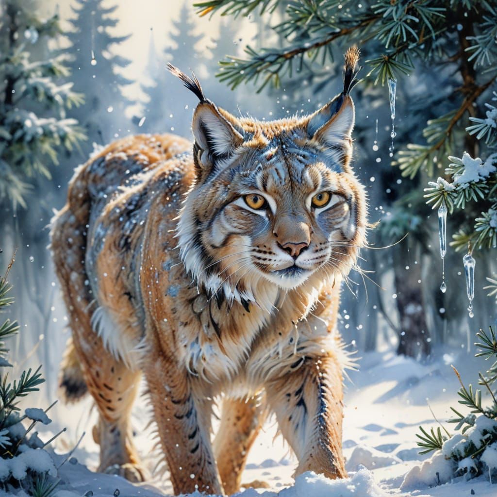 Lynx Stalks Through Snowy Forest as Watercolour