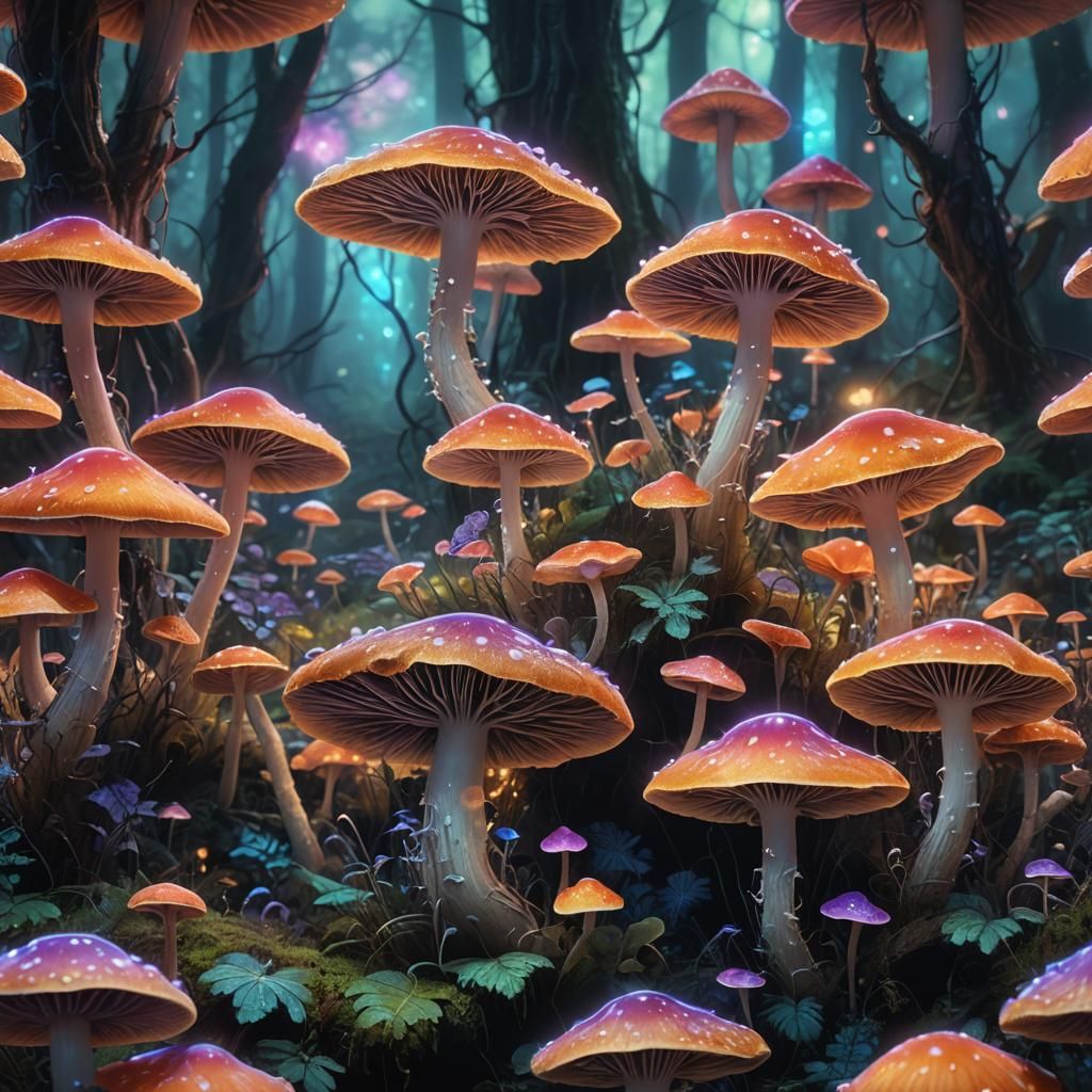 Glowing Mushroom in Mystical Forest: Surrealist Vision