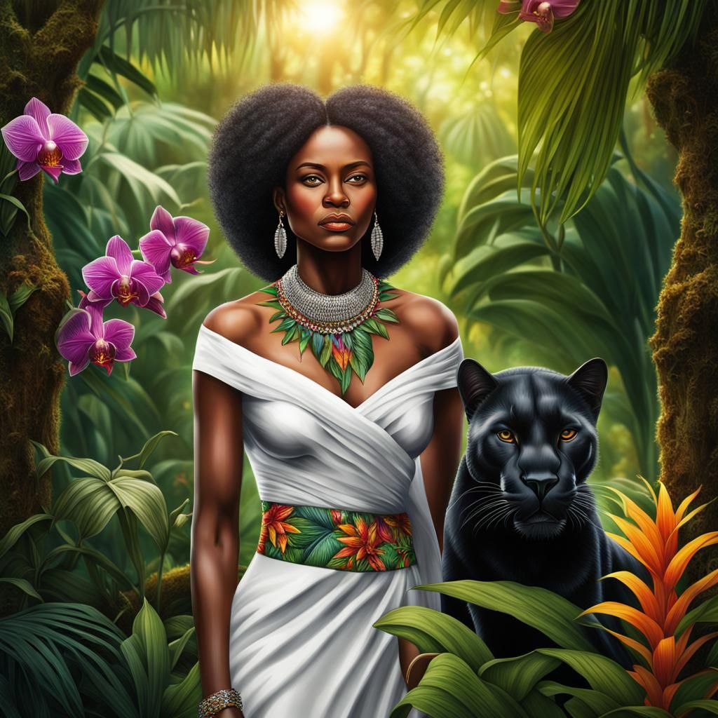 African American Lady with Panther in Jungle