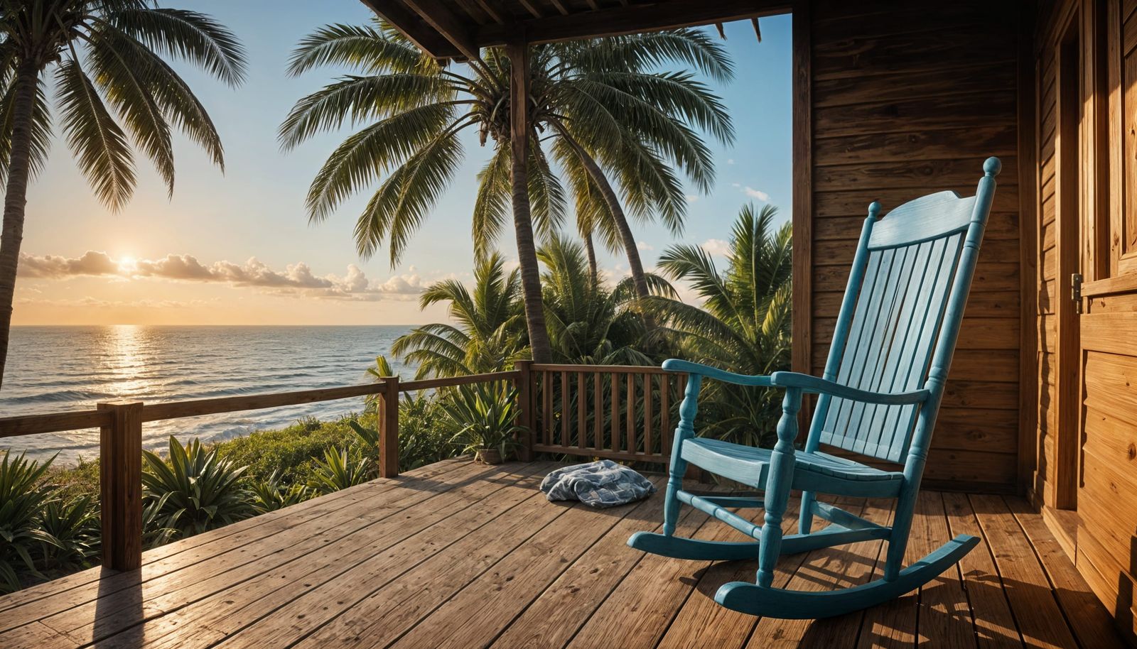 Blue Rocking Chair on Porch Overlooking Tropical Sea