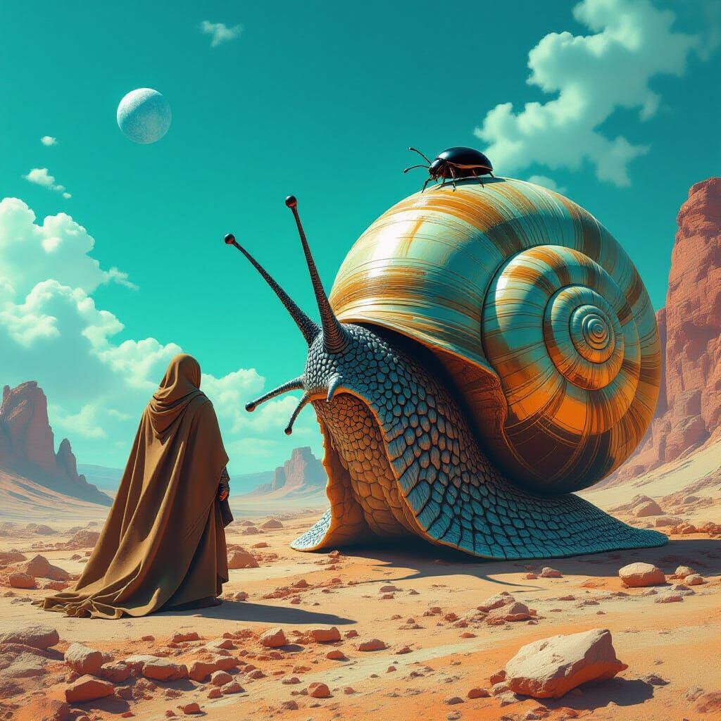 Colossal Alien Snail Observes a Beetle