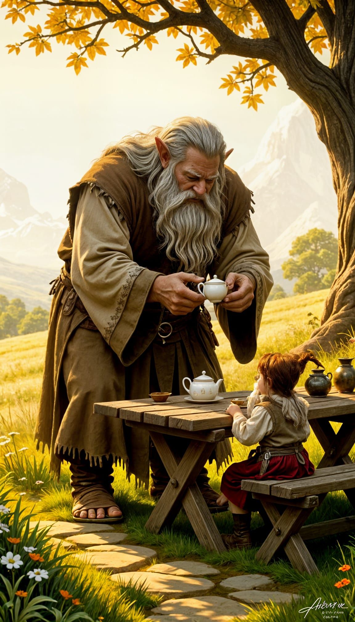 Middle-earth Giant Shares Tea with Hobbit in Golden Meadow
