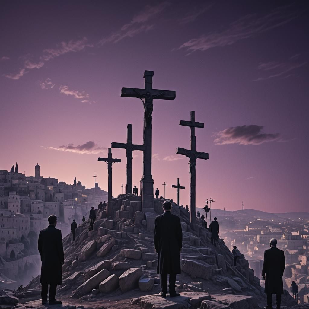 Men in Black at Golgotha in Film Noir Style