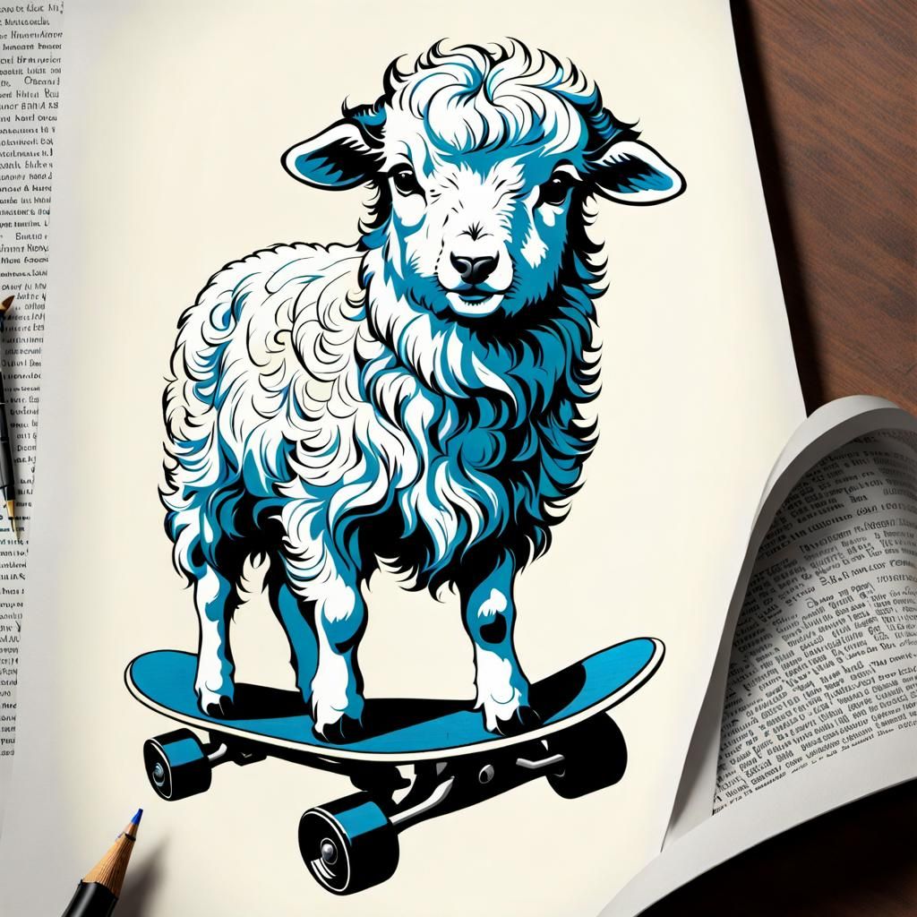 Elegant Lamb Portrait Skateboarding Under Aurora