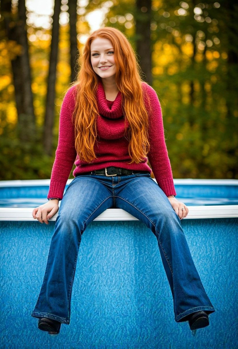 Redhead Girl Dares to Jump into Autumn Pool
