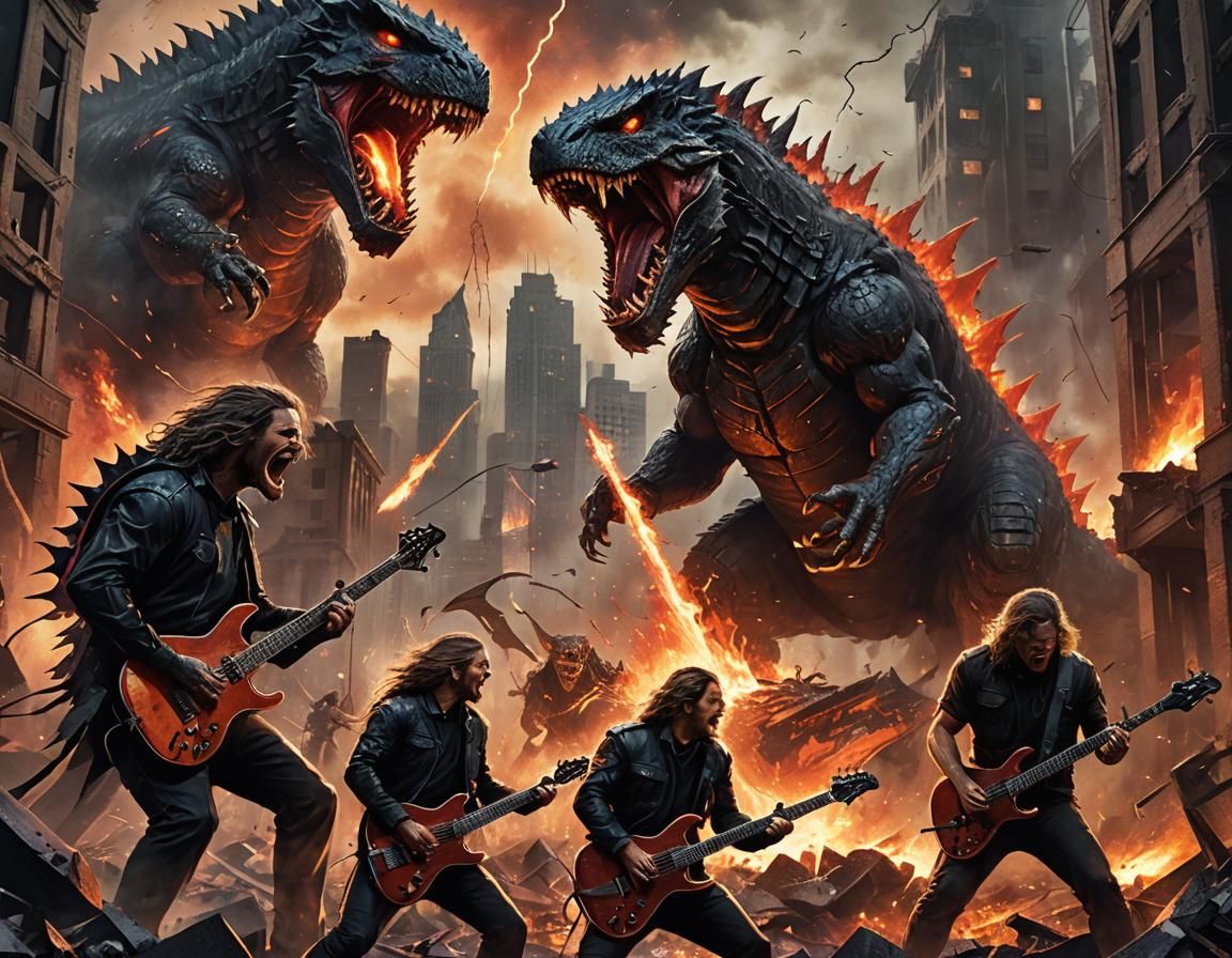 Metallica Confronts Godzilla in a Fiery City