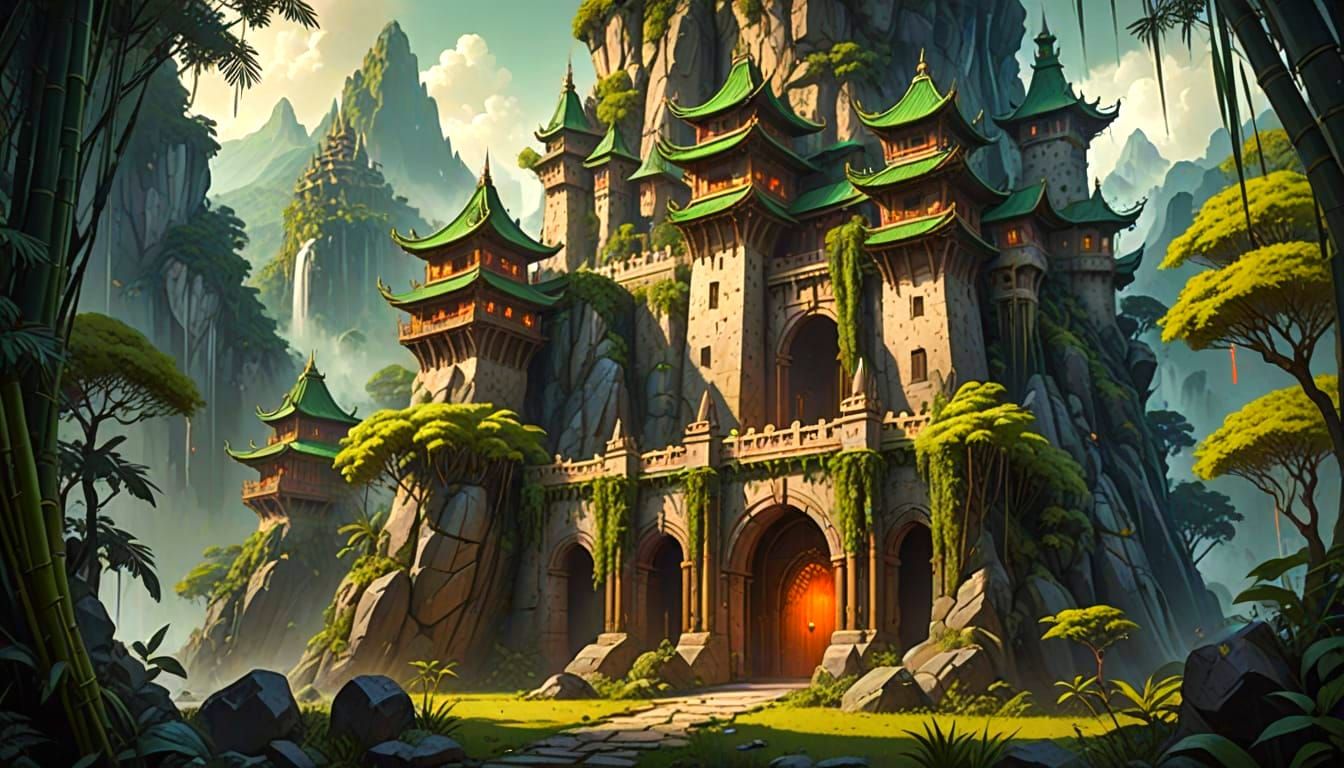 Filipino Polynesian Fortress in Lush Jungle Mountain