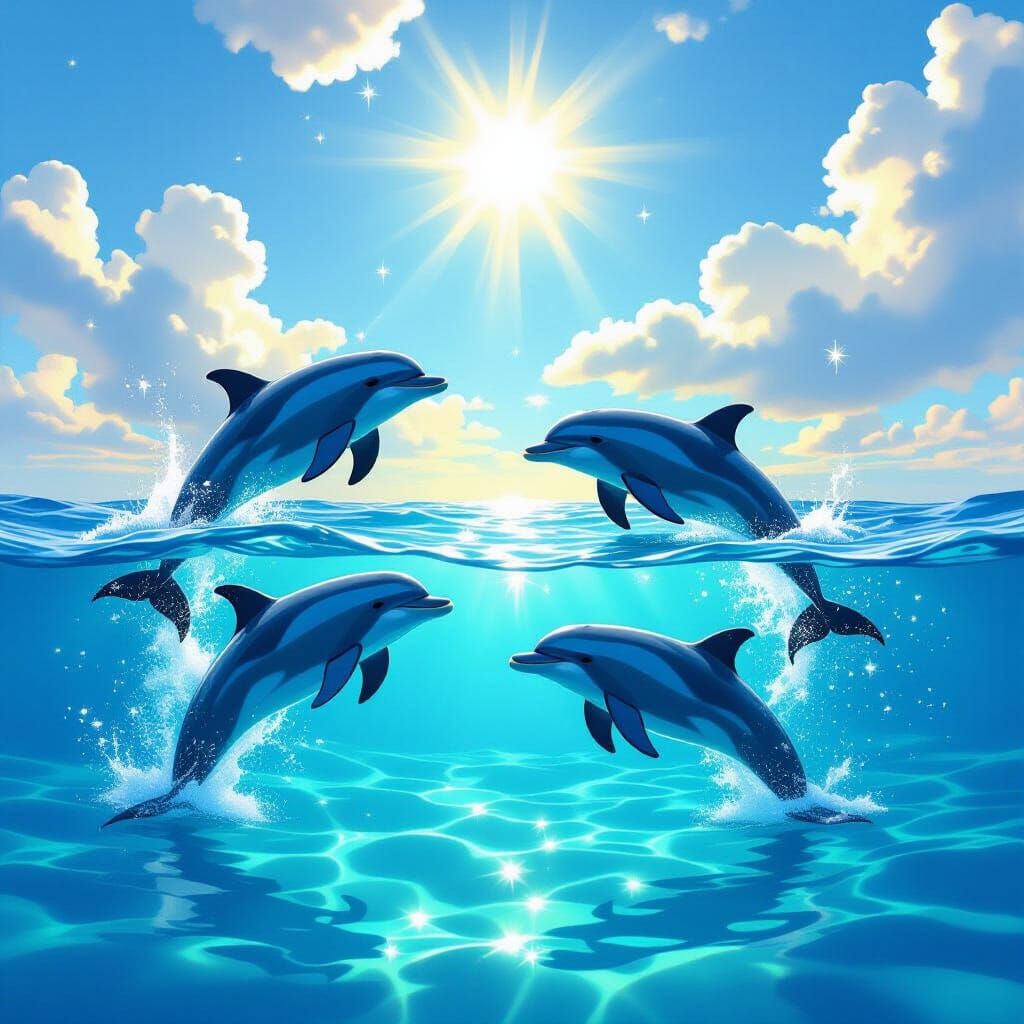 Whimsical Christmas Dolphins Play in Sunlit Ocean