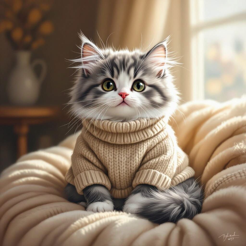 Fluffy Munchkin Cat in Cozy Sweater, Realistic Wildlife Illu...