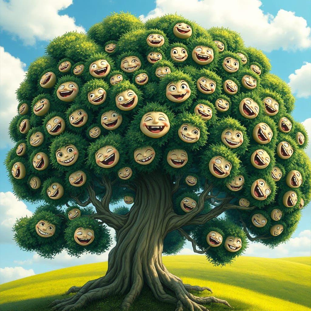 Whimsical Tree of Joyful Faces in Vibrant Green