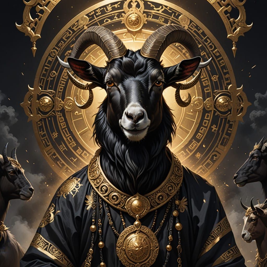 Ancient Black Goat Deity in Mysterious Landscape