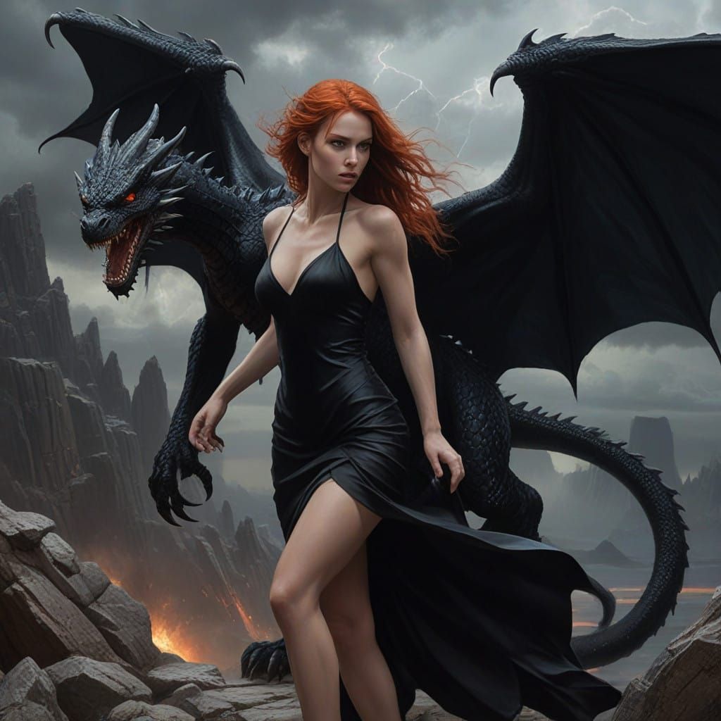 Radiant Redhead Battles Majestic Dragon in Stormy Landscape