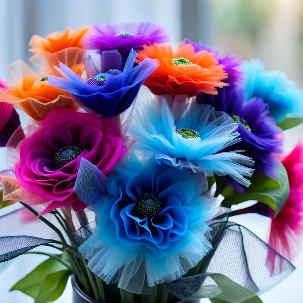 Hand Crafted Tulle Fabric Flower Bouquet, Close-up