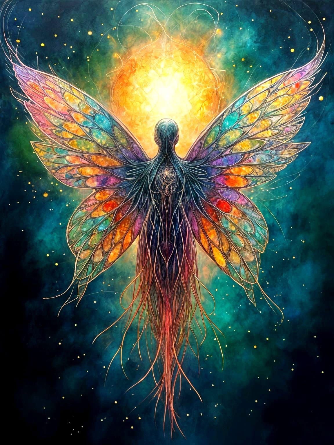 Ethereal Spirit with Iridescent Wings in Abstract Expression...