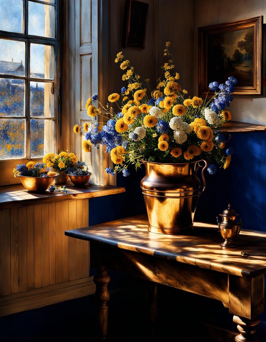 Floral Still Life with Delft Blue Accents