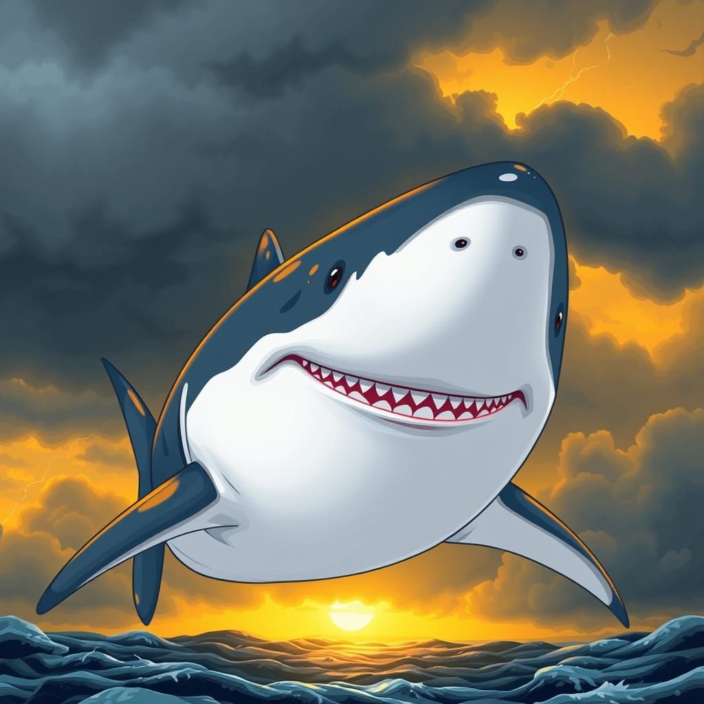 Whimsical Shark in Golden Light, Inspired by Wes Anderson