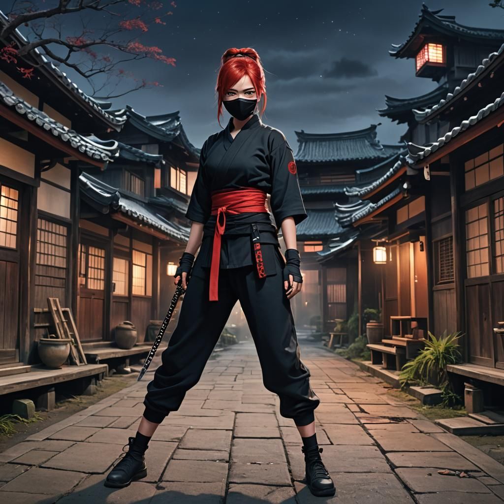 Female Ninja in Red and Black at Night