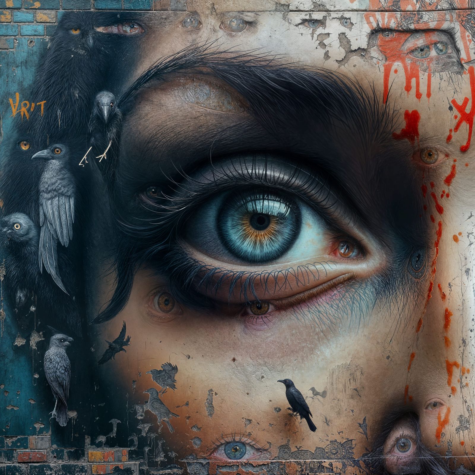 Eye Close-Up with Ravens, Vintage Pop Art Mural