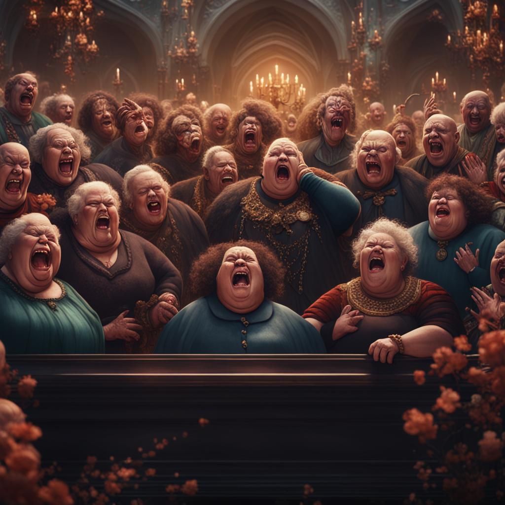 Angry Women Laughing Hysterically at Funeral, Detailed Matte...