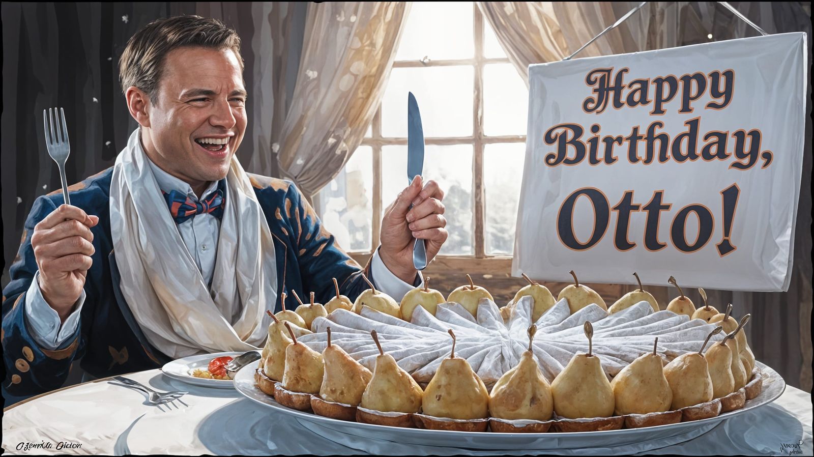 Laughing Man with Kaiserschmarren in Paint Drop Style