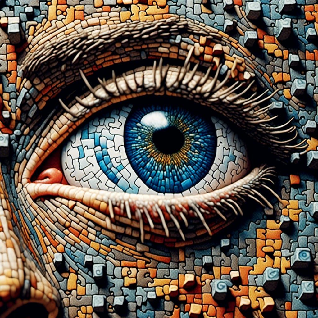 Surreal Man's Face in Disintegrating Jigsaw Puzzle