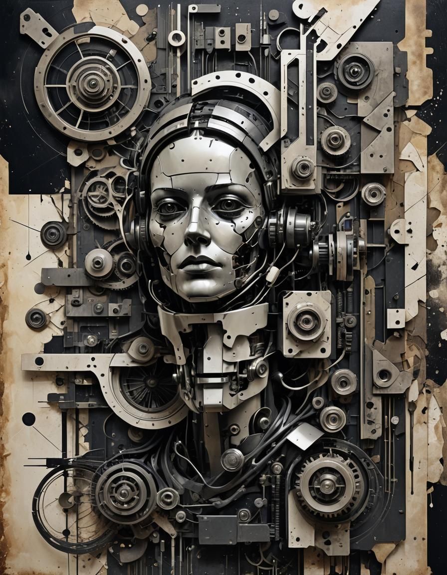Monochromatic Cyberpunk Collage: Decayed Vintage Sci-Fi Art