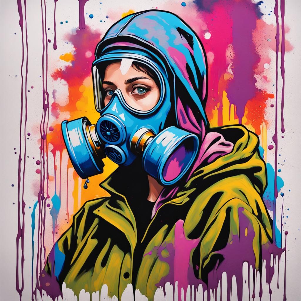 Girl in Gas Mask Witnessing Pollution: Graffiti Art