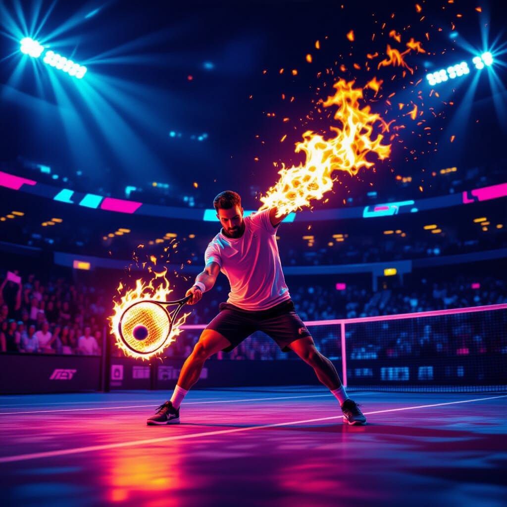 Fiery Tennis Match in a Neon Futuristic Style