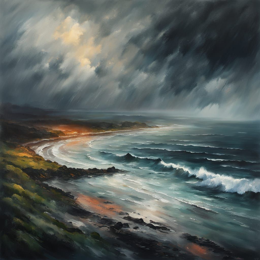 Moody Expressionist Painting of Rain at the Coast