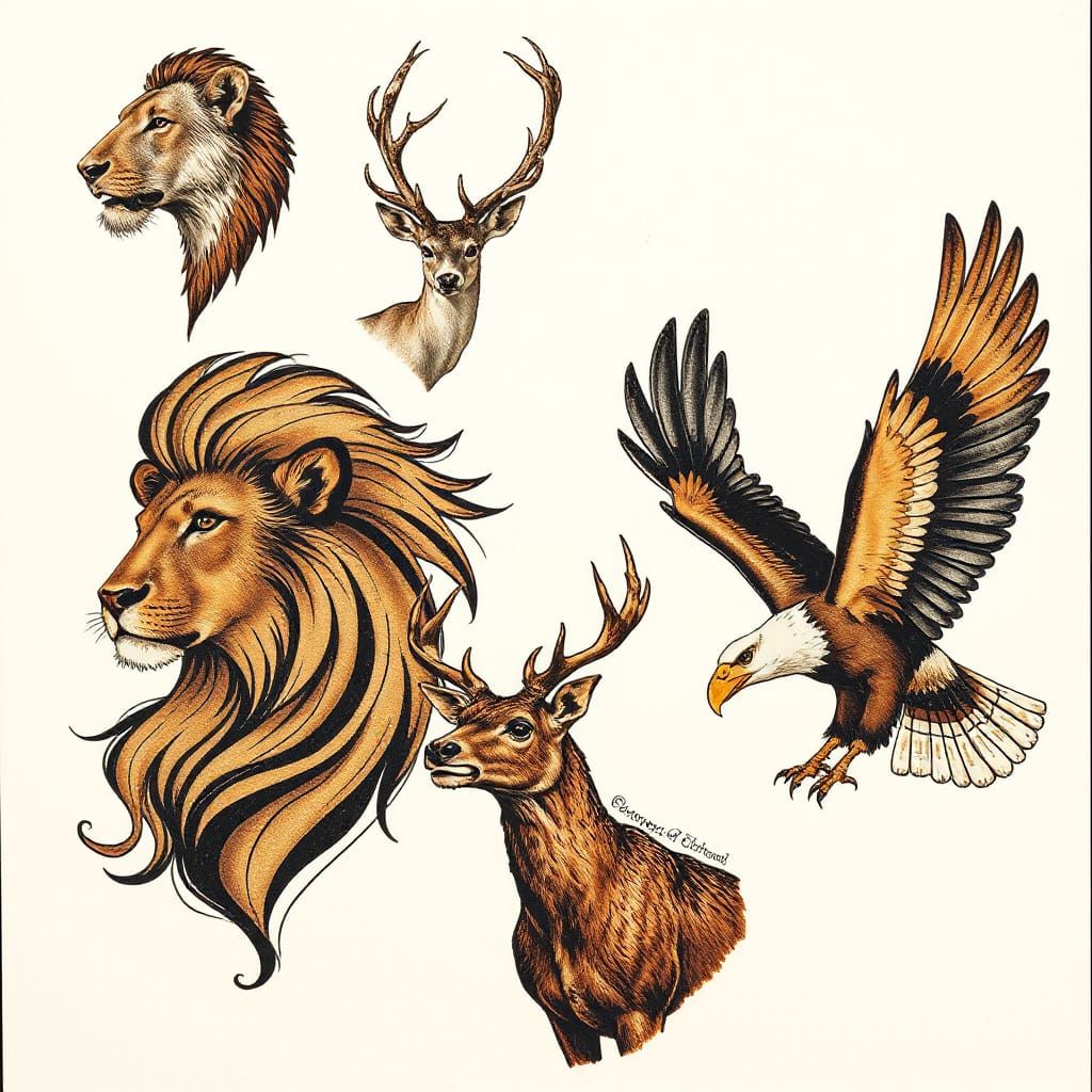 Stylized Animal Flash Tattoo Sheet in Geometric Art Style