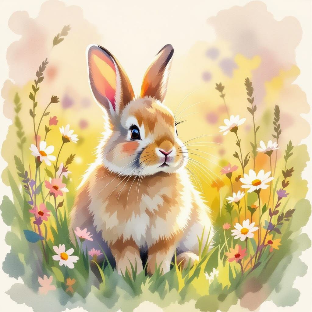 Fluffy Bunny in Wildflower Field Watercolor Art