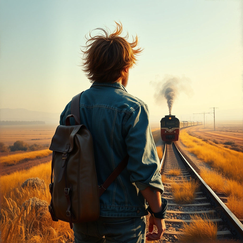 Rocker Walks Toward Border in Beksiński Landscape