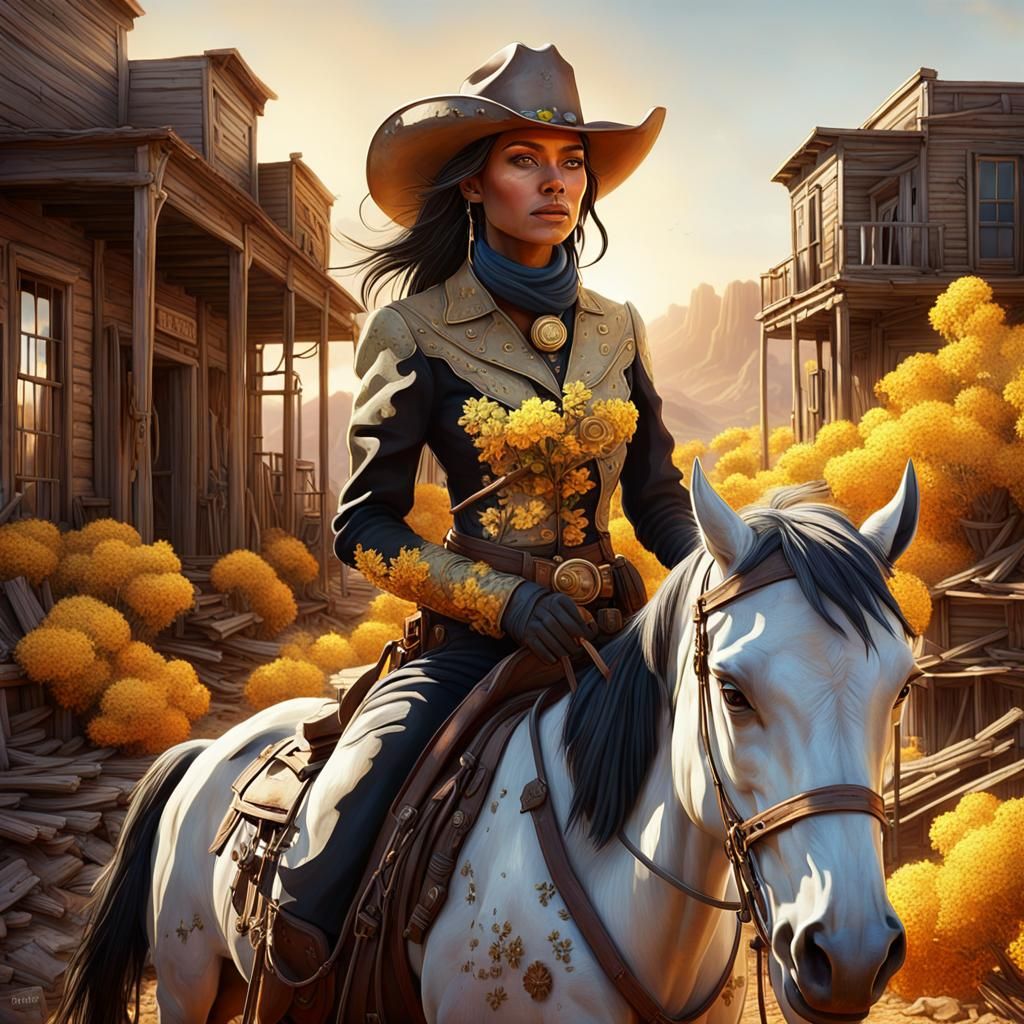 Cowgirl Rediscovering Abandoned Wild West Town in 3D