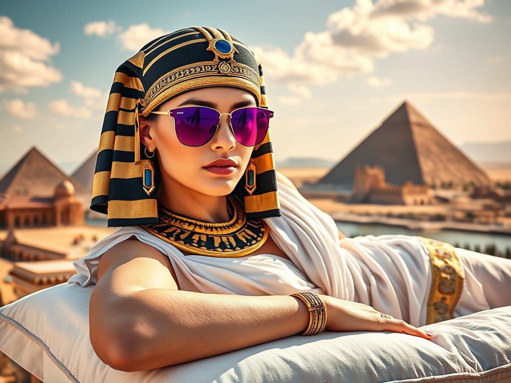 Ancient Egyptian Queen Wears Purple Sunglasses in a Bright E...