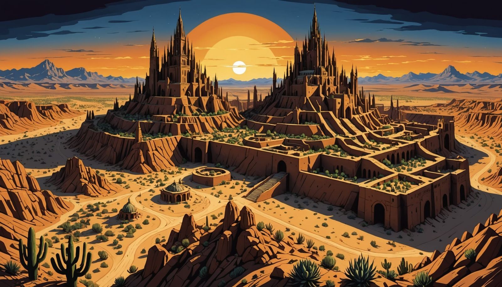 Dieselpunk Utopian Oasis City at Night