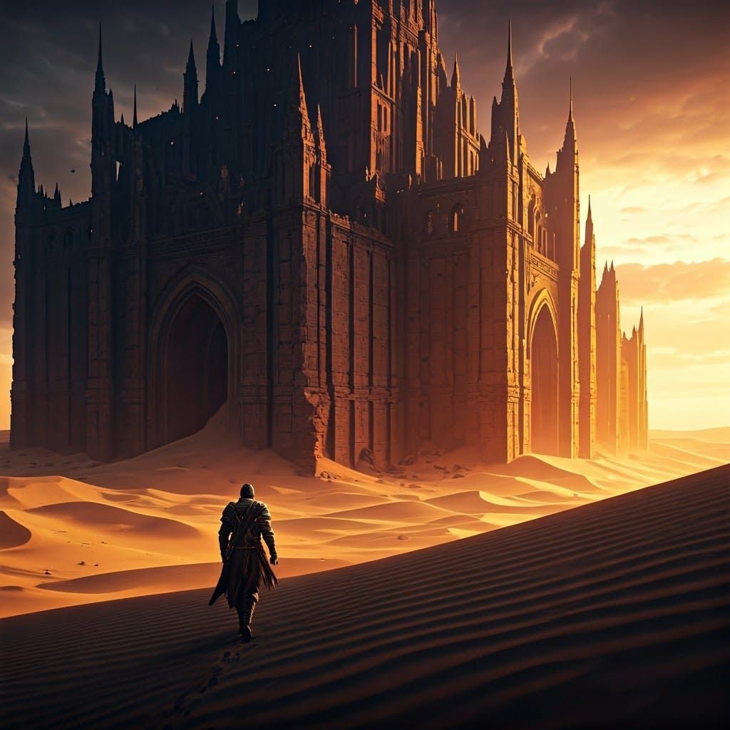 Ancient Desert Fortress in Golden Twilight