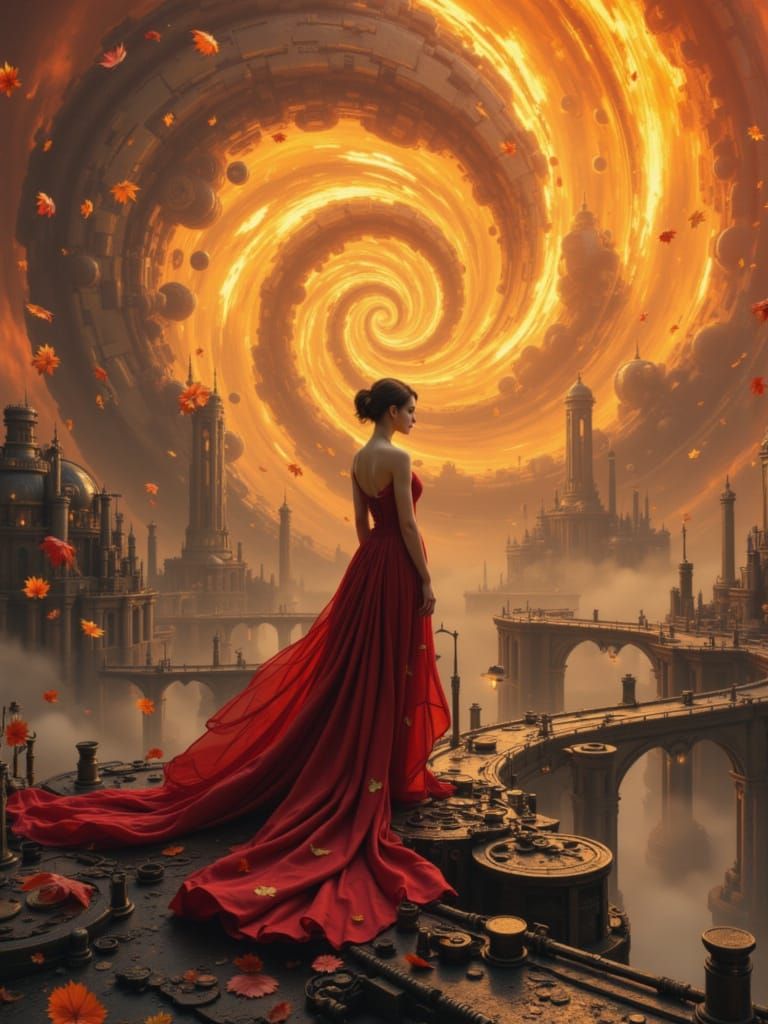 Woman at Ancient Clockwork in Autumn Vortex Sky