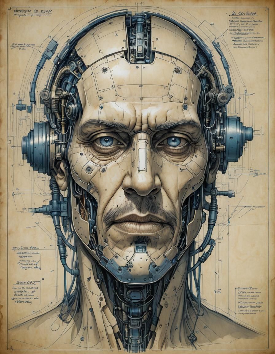 Cyborg Face Schematic in Blueprint Style