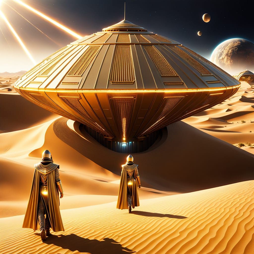 Galactic Diplomats in Shimmering Gold Spaceship