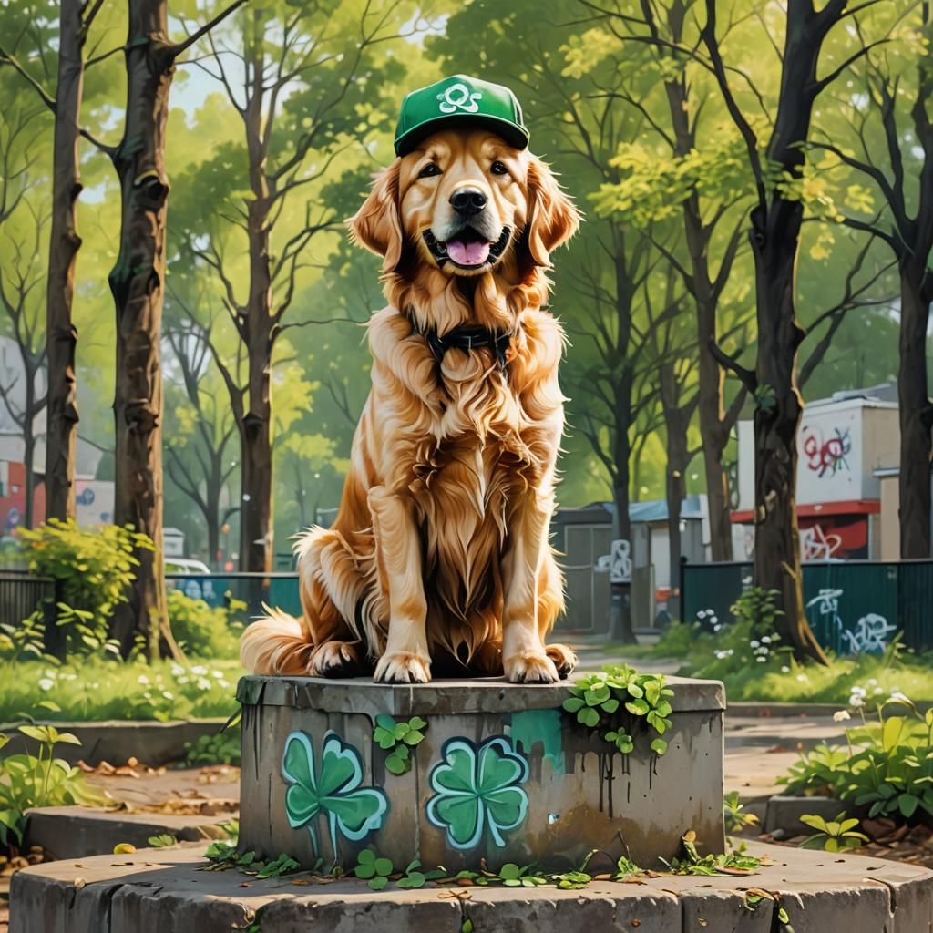 Golden Retriever in Clover Hat, Graffiti Art Style