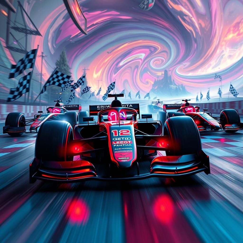 Formula 1 Cars in a Dreamlike Landscape